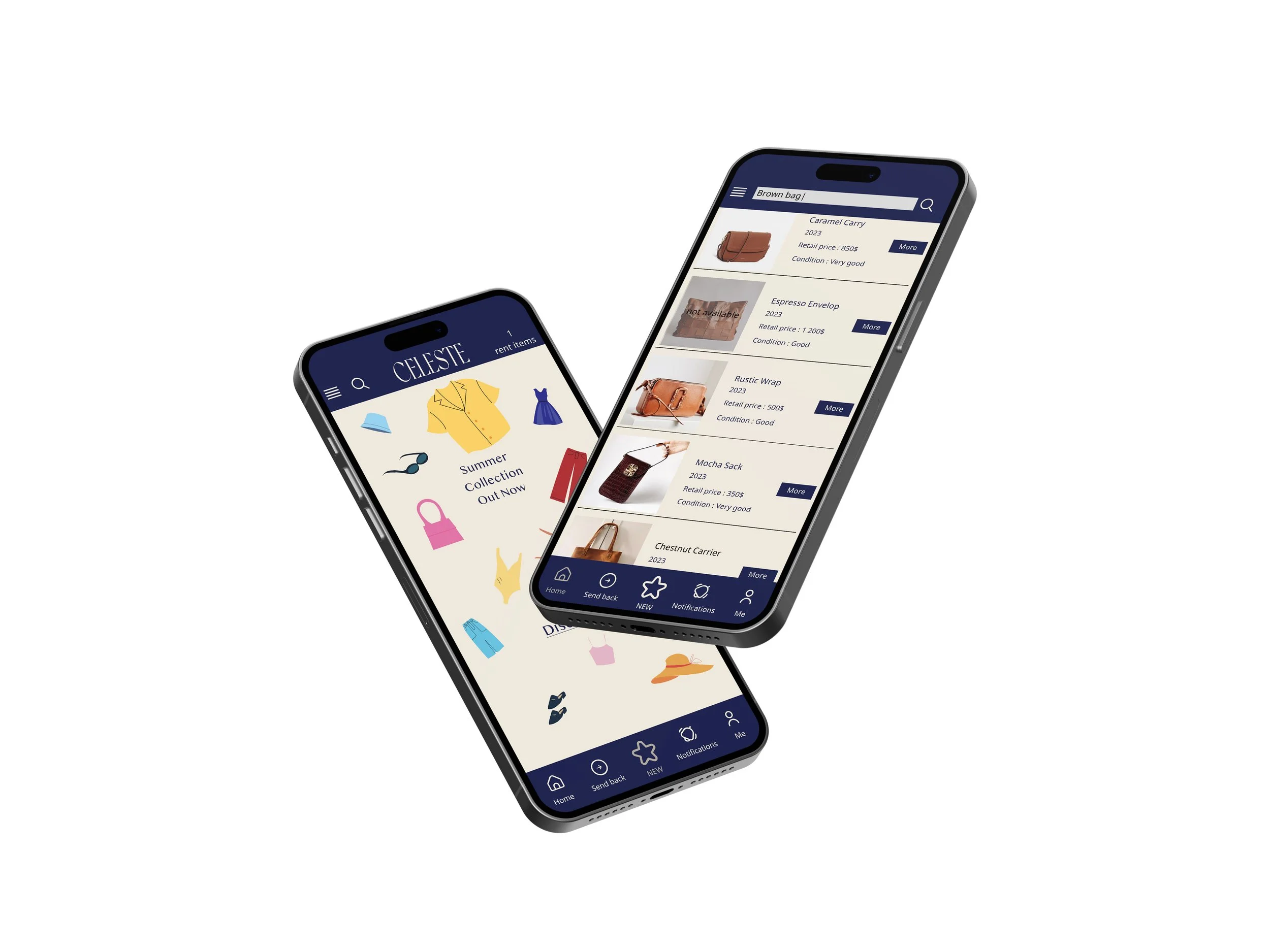 Celeste app screens on two phones