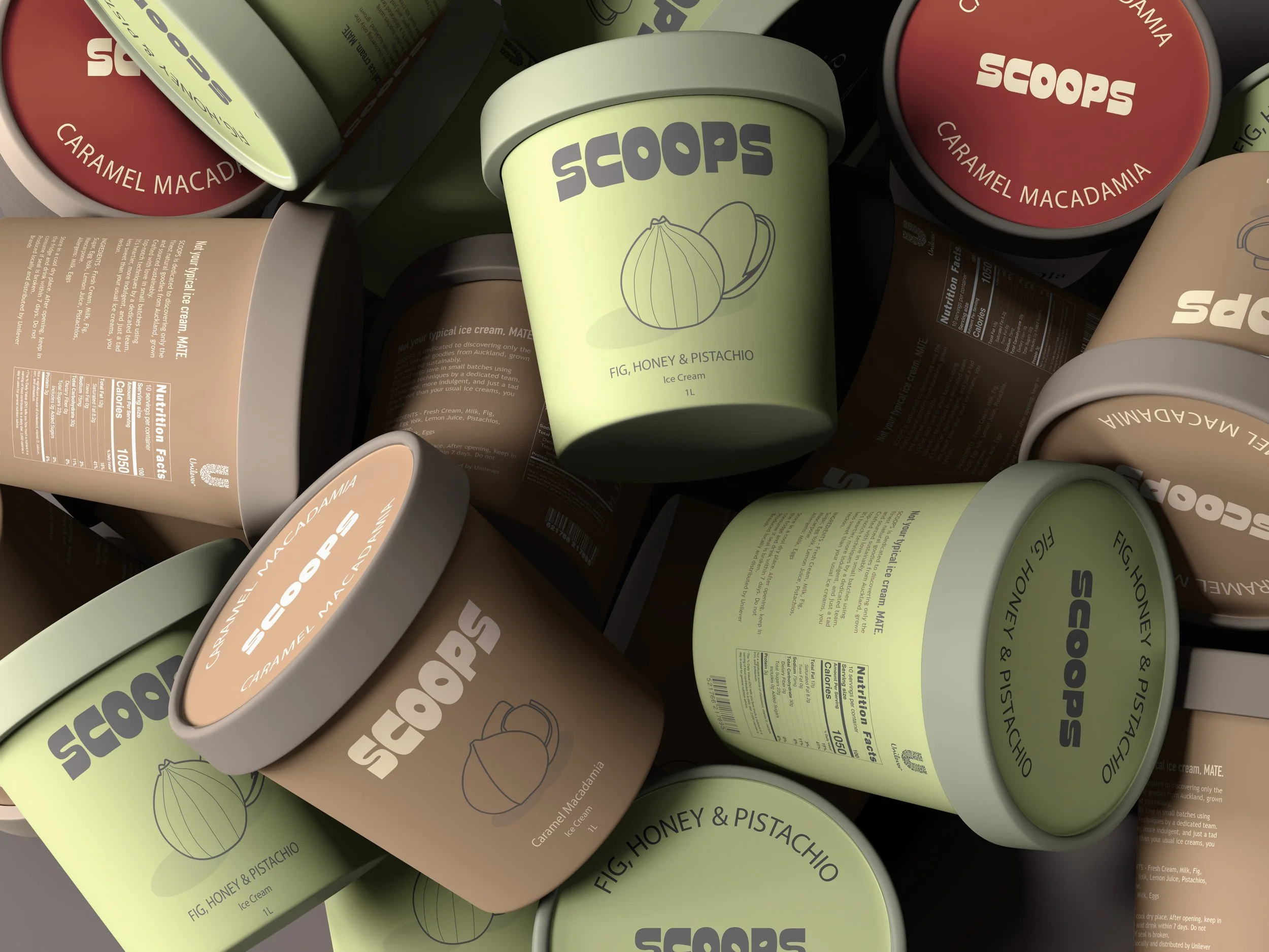 A pile of Scoops ice cream tubs
