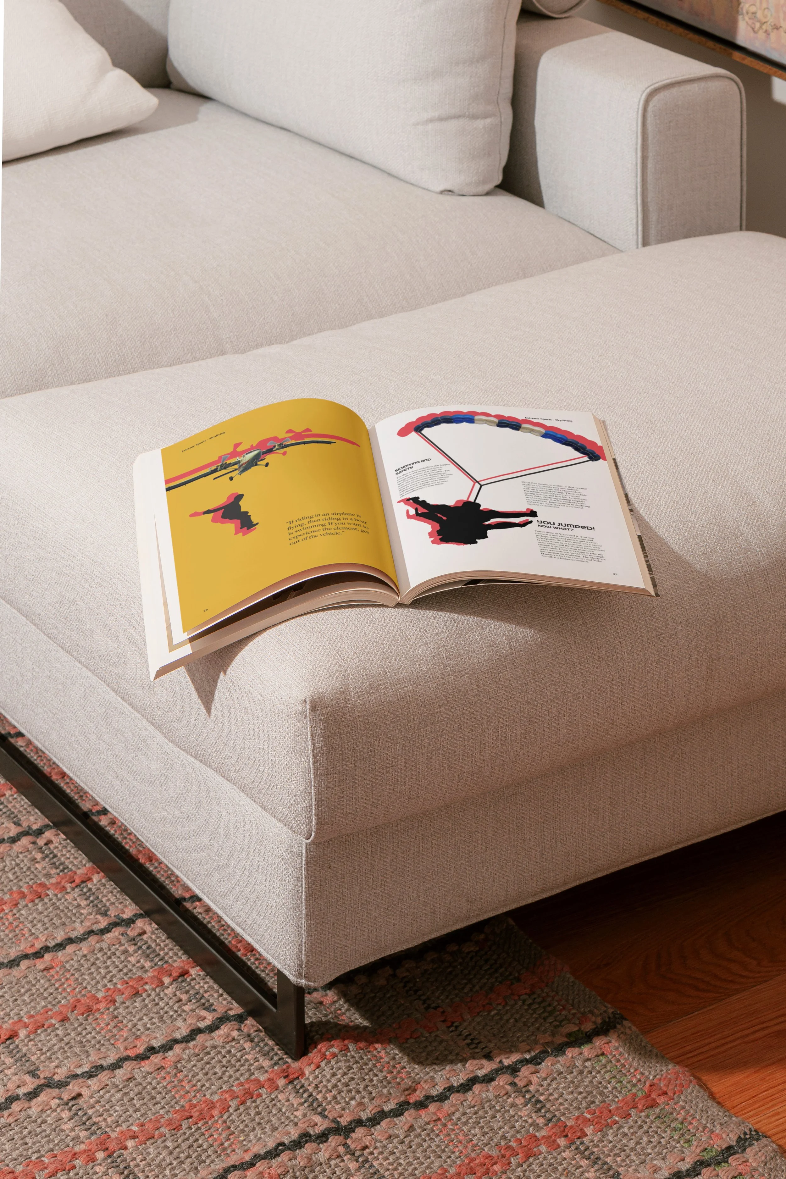 Magazine open on a sofa