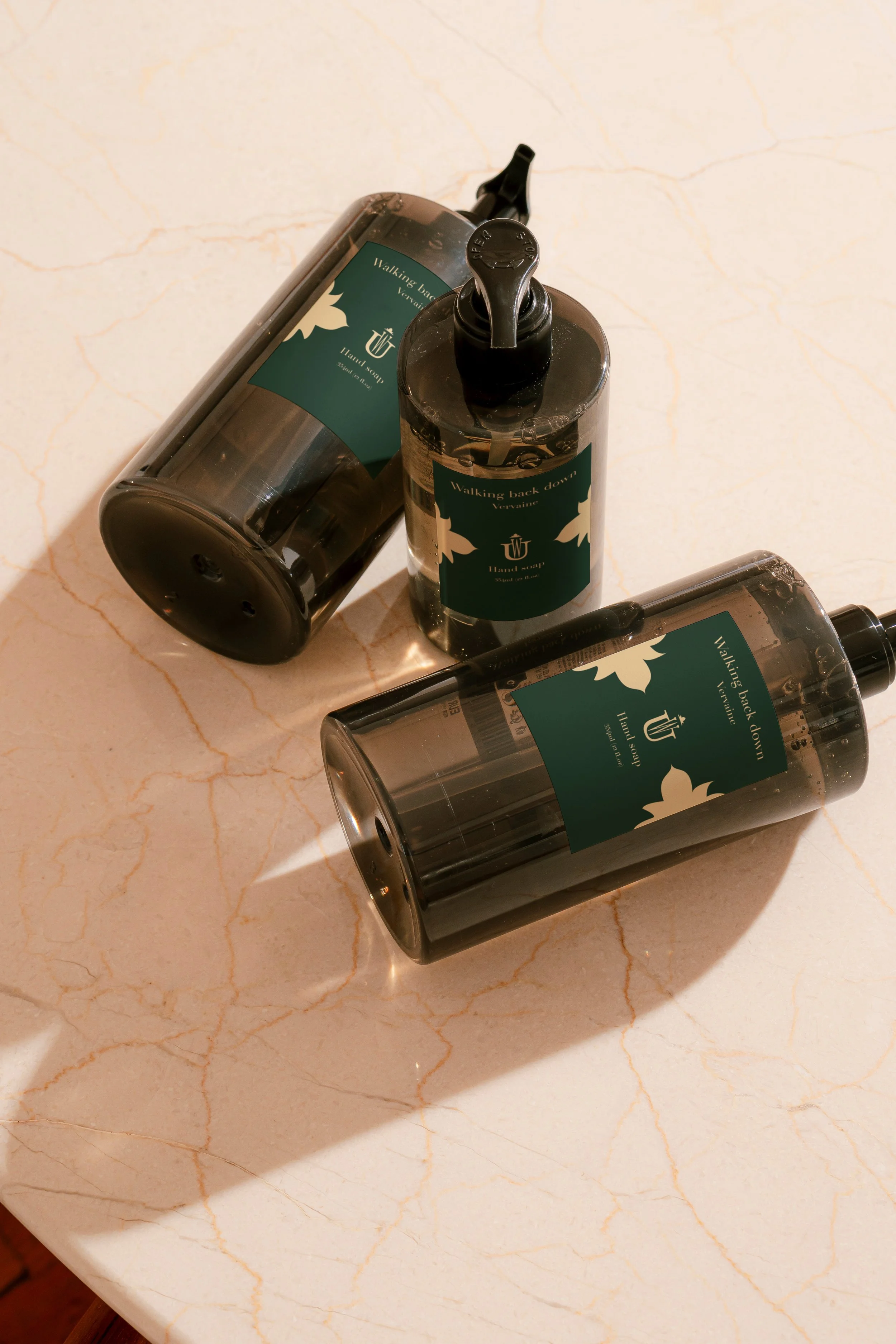 Branded amber hand soap bottles